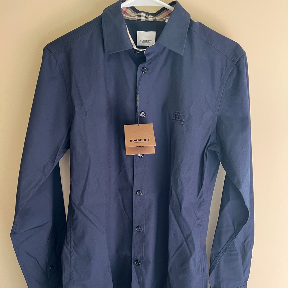 Burberry Navy Poplin Check Long-Sleeve Dress Shirt NEW